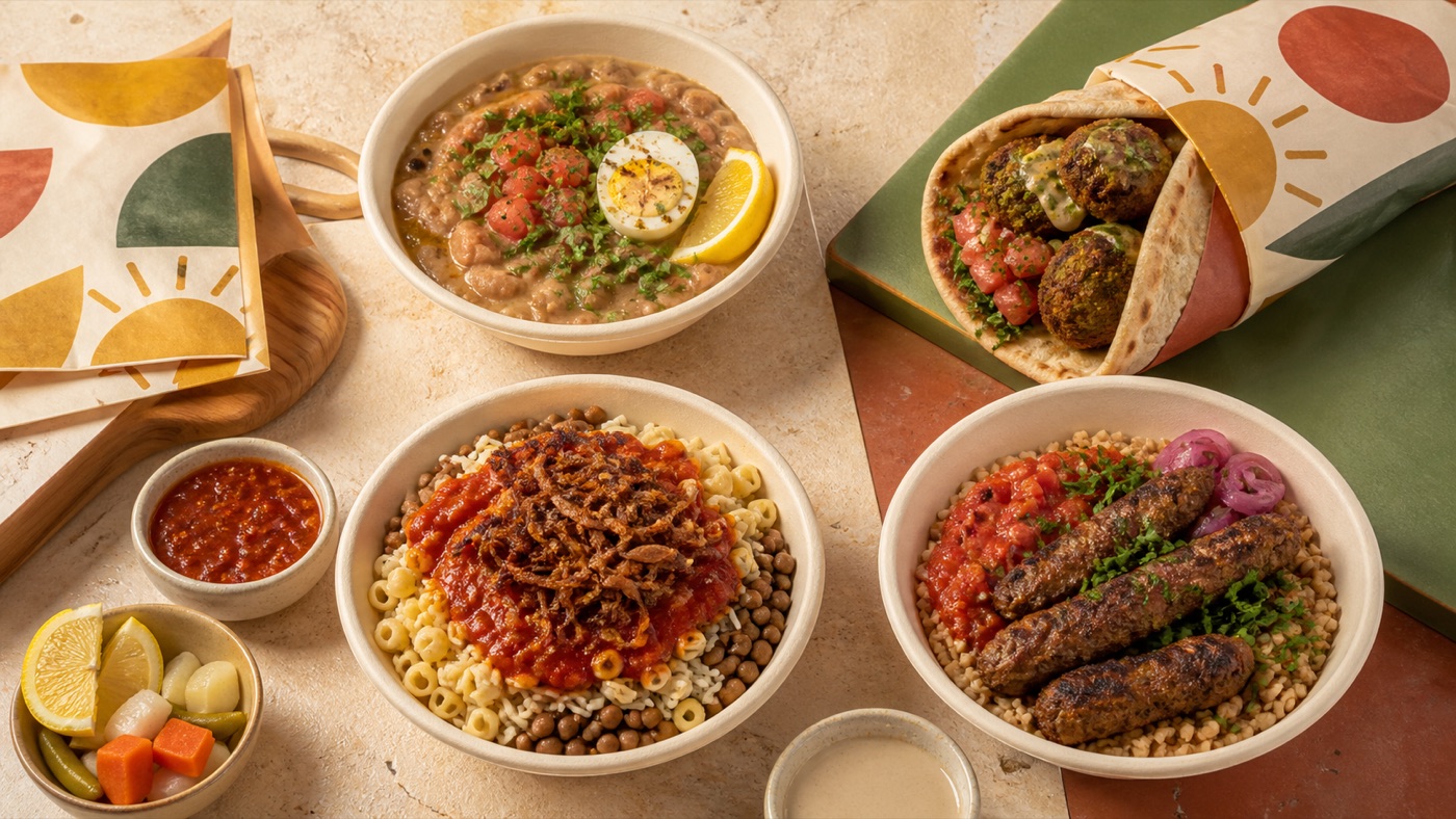Illustrative concept of Egyptian dishes and BEHGA packaging